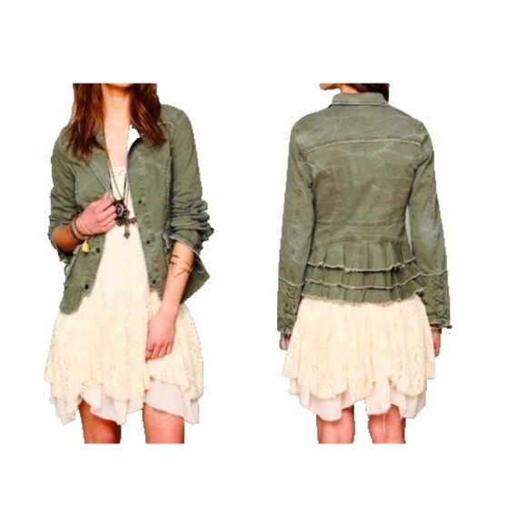 Free People Women's Medium Military Ruffle Back Jacket Army Green